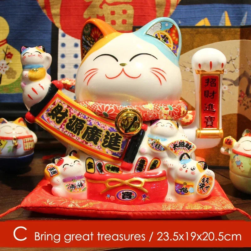 8.2 Inch Ceramic Lucky Cat Ornament Beckoning Cat with Movable Arm Porcelain Figurine Decoration Statue