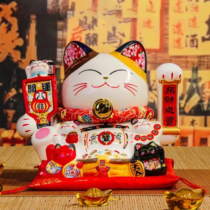 8.2 Inch Ceramic Lucky Cat Ornament Beckoning Cat with Movable Arm Porcelain Figurine Decoration Statue