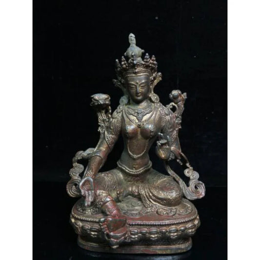 8.3" Antique Tibetan Buddhism temple Bronze gilt green Tara bodhisattva statue