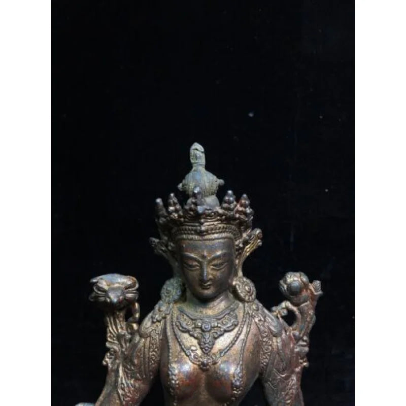8.3" Antique Tibetan Buddhism temple Bronze gilt green Tara bodhisattva statue