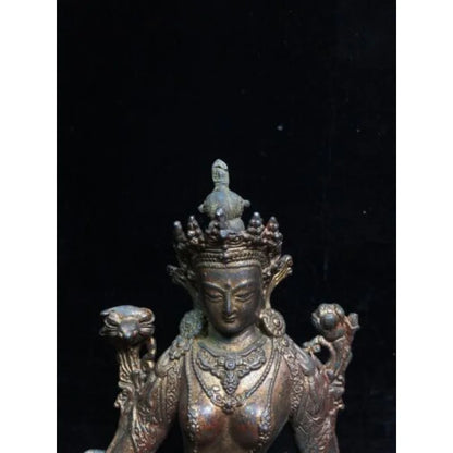 8.3" Antique Tibetan Buddhism temple Bronze gilt green Tara bodhisattva statue