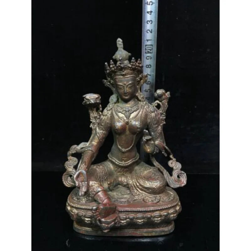 8.3" Antique Tibetan Buddhism temple Bronze gilt green Tara bodhisattva statue