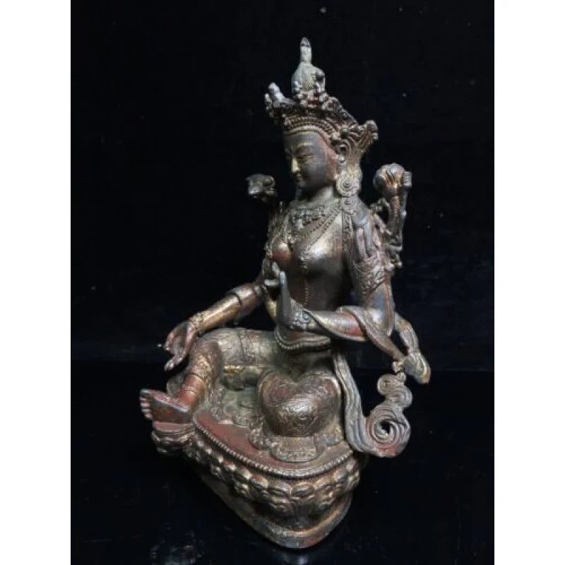 8.3" Antique Tibetan Buddhism temple Bronze gilt green Tara bodhisattva statue