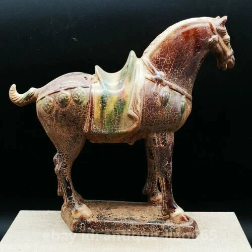 8.3" Collect Chinese Ceramics Tang Sancai Pottery Zodiac Animal War-horse Statue