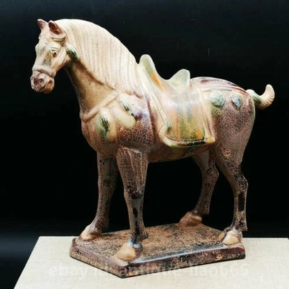 8.3" Collect Chinese Ceramics Tang Sancai Pottery Zodiac Animal War-horse Statue