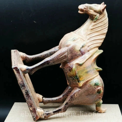 8.3" Collect Chinese Ceramics Tang Sancai Pottery Zodiac Animal War-horse Statue