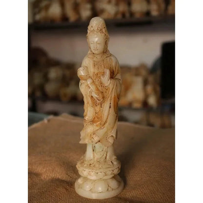 8.4" Chinese Natural Old White Jade Master Carving Bracket Guanyin Bodhisattva/Buddha Statue