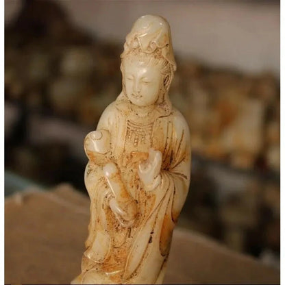 8.4" Chinese Natural Old White Jade Master Carving Bracket Guanyin Bodhisattva/Buddha Statue