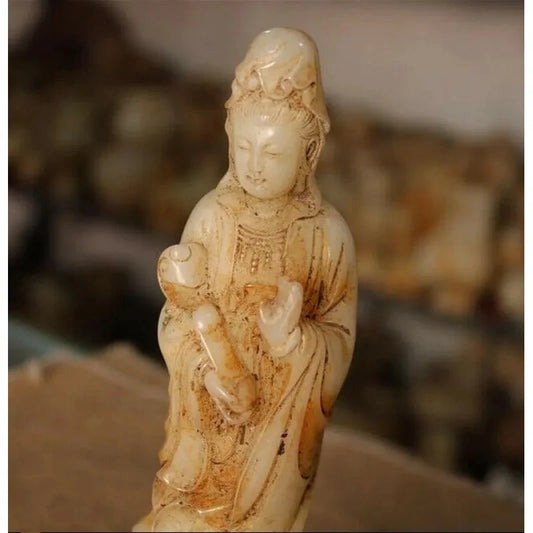 8.4" Chinese Natural Old White Jade Master Carving Bracket Guanyin Bodhisattva/Buddha Statue