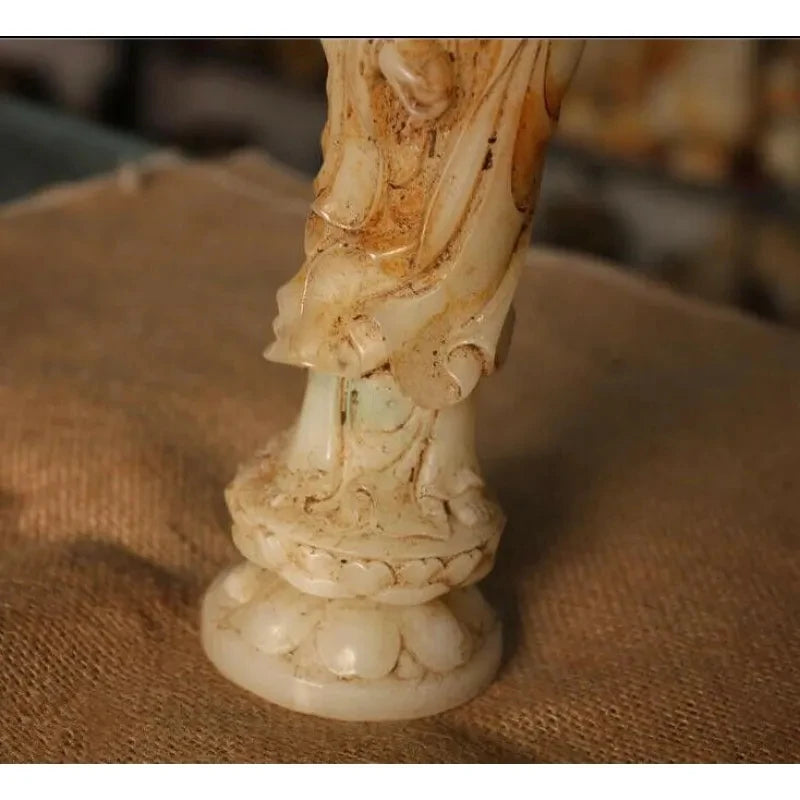 8.4" Chinese Natural Old White Jade Master Carving Bracket Guanyin Bodhisattva/Buddha Statue