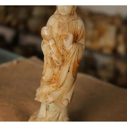 8.4" Chinese Natural Old White Jade Master Carving Bracket Guanyin Bodhisattva/Buddha Statue