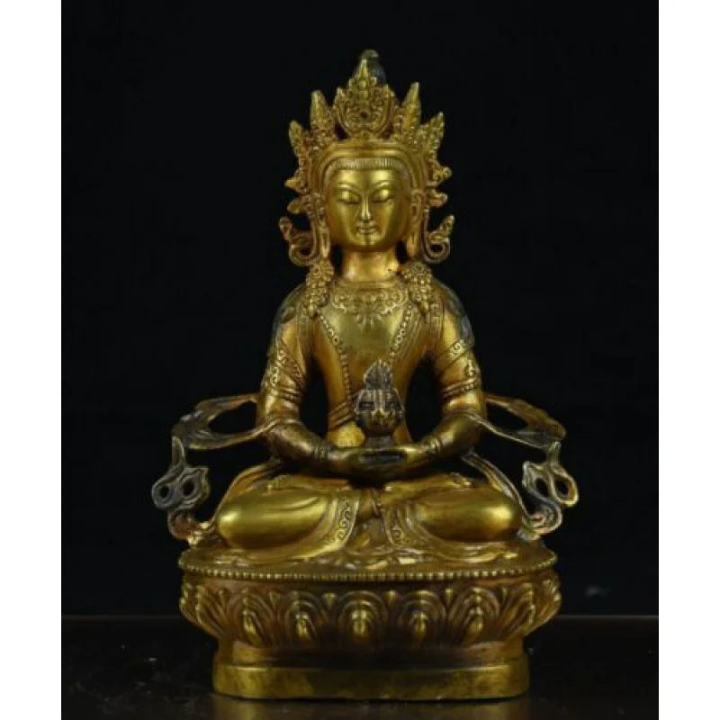 8.8" Old Chinese Copper Gild Buddhism Amitayus longevity God Goddess Statue