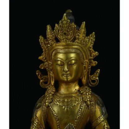 8.8" Old Chinese Copper Gild Buddhism Amitayus longevity God Goddess Statue