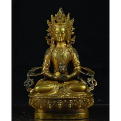 8.8" Old Chinese Copper Gild Buddhism Amitayus longevity God Goddess Statue