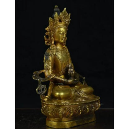 8.8" Old Chinese Copper Gild Buddhism Amitayus longevity God Goddess Statue