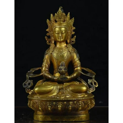 8.8" Old Chinese Copper Gild Buddhism Amitayus longevity God Goddess Statue