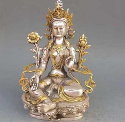 8.86 inch/Tibet Silver Copper Gilt Tibetan Buddhism Statue -- White Tara Buddha