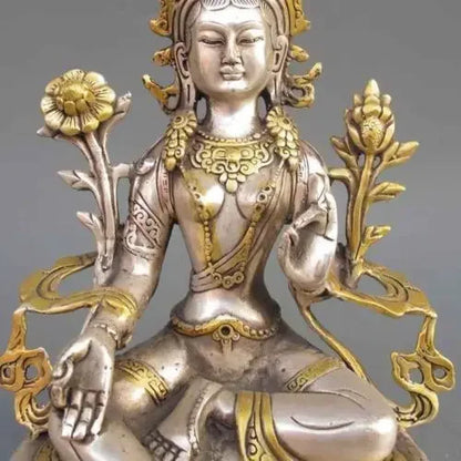 8.86 inch/Tibet Silver Copper Gilt Tibetan Buddhism Statue -- White Tara Buddha