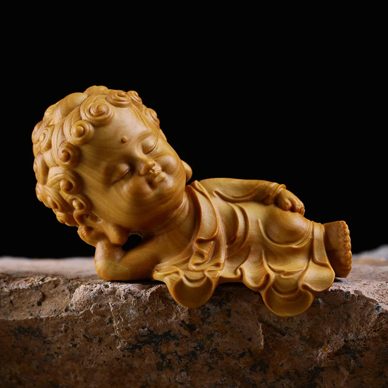 8.8CM Lying down Buddha Statue Boxwood Statue Lying Sakyamuni Creative Buddha Home Small Display Zen Solid Wood Carving Gifts