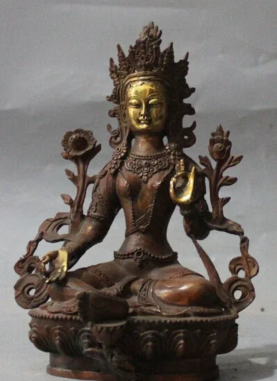 8 "Buddha Tibet Tiongkok Perunggu Emas Hijau Tara Kuan-yin Patung Buddha Dewi S0708