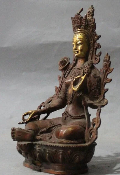 8 "Buddha Tibet Tiongkok Perunggu Emas Hijau Tara Kuan-yin Patung Buddha Dewi S0708