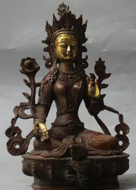 8 "Buddha Tibet Tiongkok Perunggu Emas Hijau Tara Kuan-yin Patung Buddha Dewi S0708