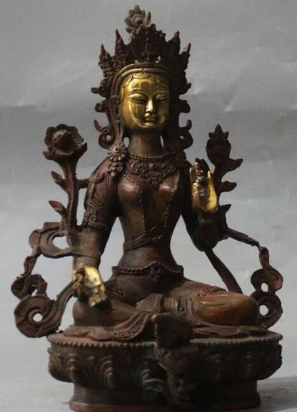 8 "Buddha Tibet Tiongkok Perunggu Emas Hijau Tara Kuan-yin Patung Buddha Dewi S0708