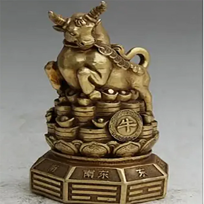 8" Chinese Brass Folk Wealth Feng Shui Zodiac Year Bull Oxen Statue sculpture
