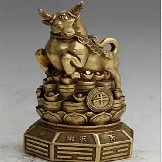 8" Chinese Brass Folk Wealth Feng Shui Zodiac Year Bull Oxen Statue sculpture