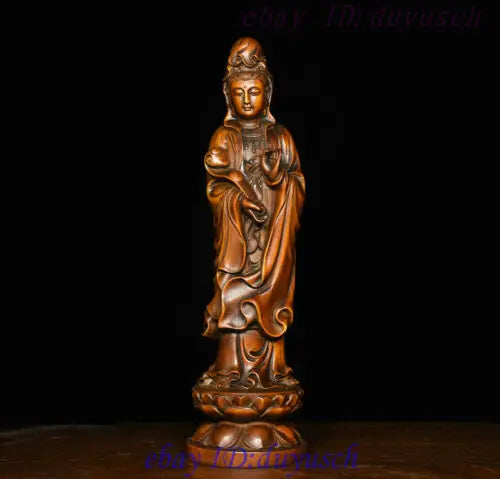 8" Chinese Buddhism Boxwood wood Carved RuYi GuanYin Kwan-yin Buddha Statue
