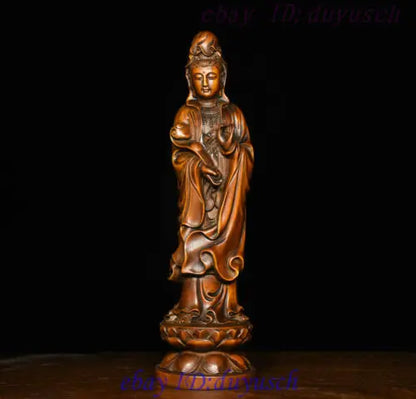 8" Chinese Buddhism Boxwood wood Carved RuYi GuanYin Kwan-yin Buddha Statue