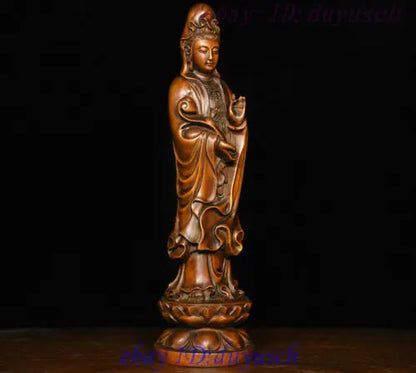 8" Chinese Buddhism Boxwood wood Carved RuYi GuanYin Kwan-yin Buddha Statue