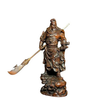 8" Chinese Old Antique Boxwood Wooden Hand Carved Guan Gong Statue