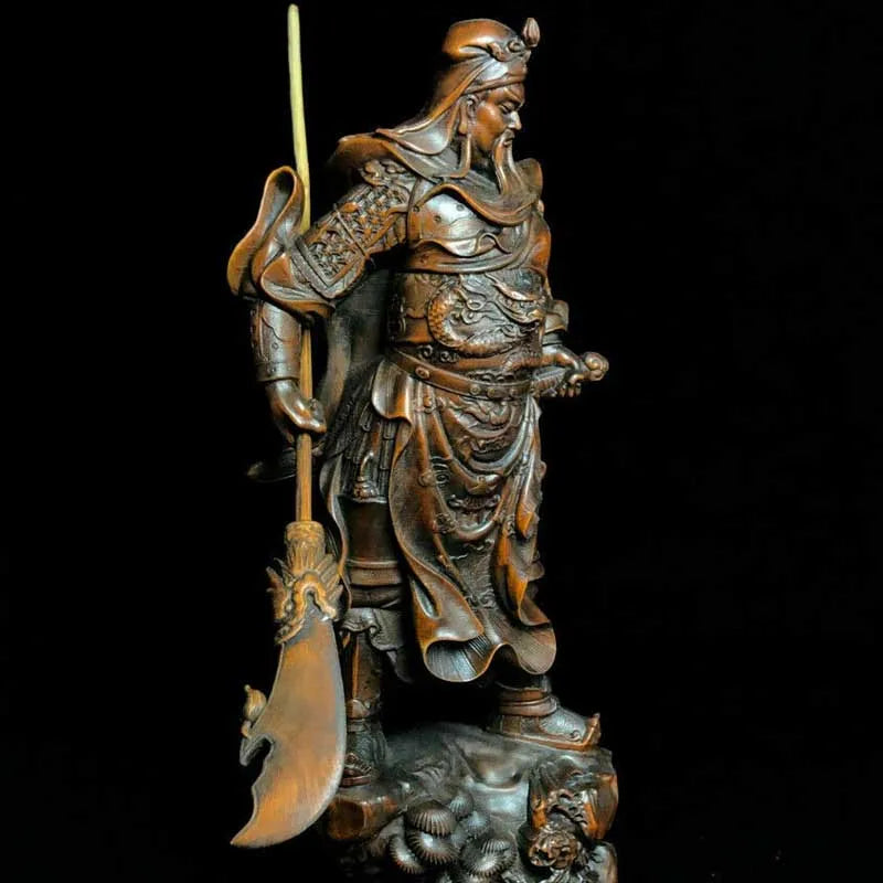 8" Chinese Old Antique Boxwood Wooden Hand Carved Guan Gong Statue