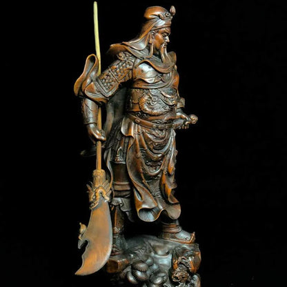 8" Chinese Old Antique Boxwood Wooden Hand Carved Guan Gong Statue