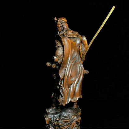 8" Chinese Old Antique Boxwood Wooden Hand Carved Guan Gong Statue