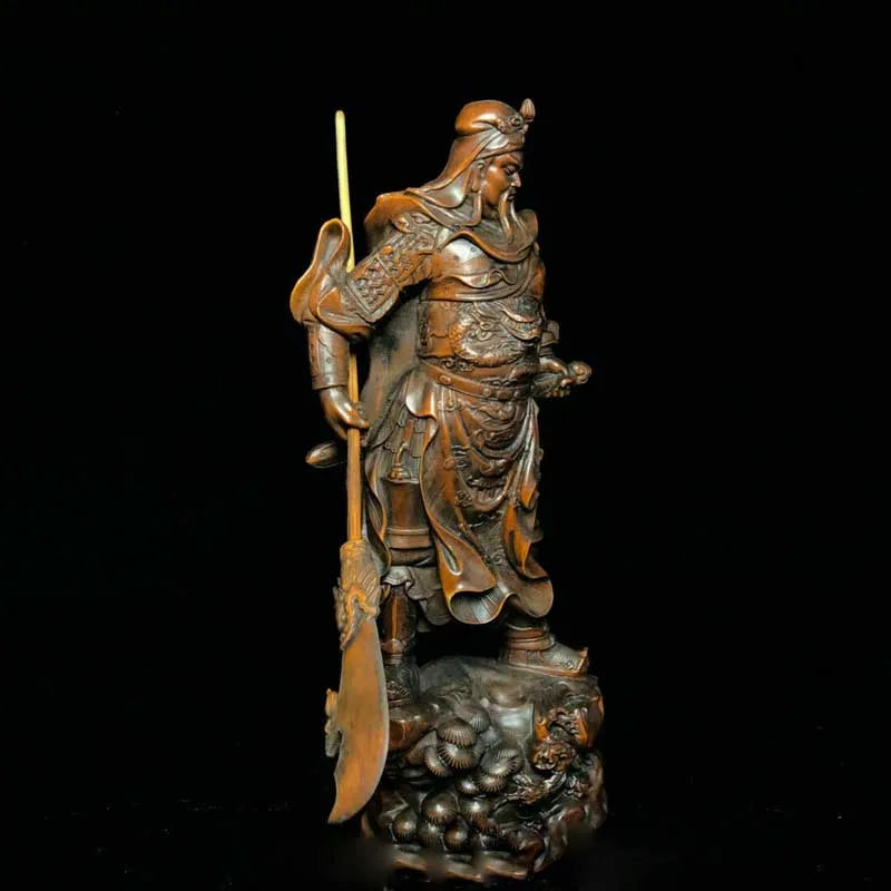 8" Chinese Old Antique Boxwood Wooden Hand Carved Guan Gong Statue
