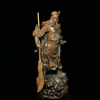 8" Chinese Old Antique Boxwood Wooden Hand Carved Guan Gong Statue
