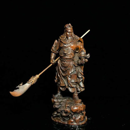 8" Chinese Old Antique Boxwood Wooden Hand Carved Guan Gong Statue