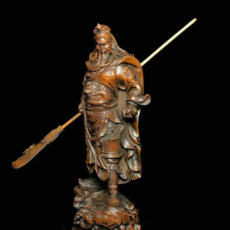 8" Chinese Old Antique Boxwood Wooden Hand Carved Guan Gong Statue