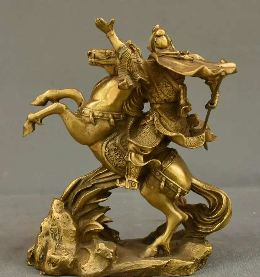 8" Collect Chinese Brass Dragon Warrior Guan Gong Guan Yu God Ride Horse Statue