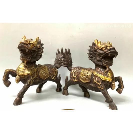 8”Folk China Copper Gilt Dynasty Palace Fengshui Kylin Chi-lin Qilin Statue Pair