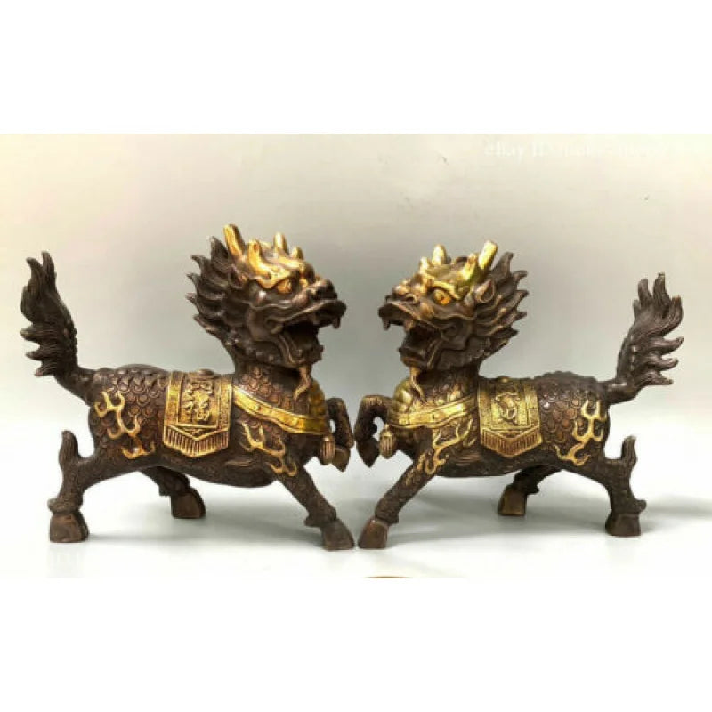 8”Folk China Copper Gilt Dynasty Palace Fengshui Kylin Chi-lin Qilin Statue Pair