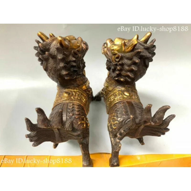 8”Folk China Copper Gilt Dynasty Palace Fengshui Kylin Chi-lin Qilin Statue Pair
