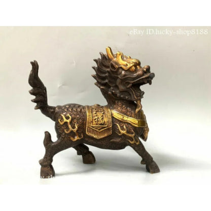 8”Folk China Copper Gilt Dynasty Palace Fengshui Kylin Chi-lin Qilin Statue Pair