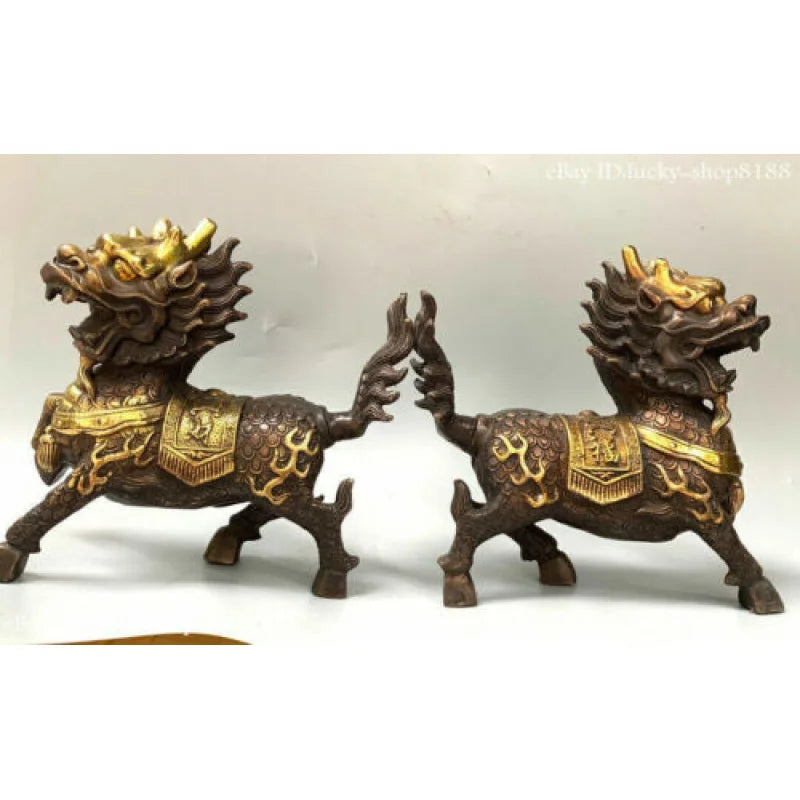 8”Folk China Copper Gilt Dynasty Palace Fengshui Kylin Chi-lin Qilin Statue Pair