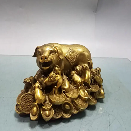 8" Folk China FengShui Brass Money Auspicious Rich Coin Bag Zodiac Dragon Statue