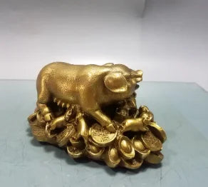 8" Folk China FengShui Brass Money Auspicious Rich Coin Bag Zodiac Dragon Statue