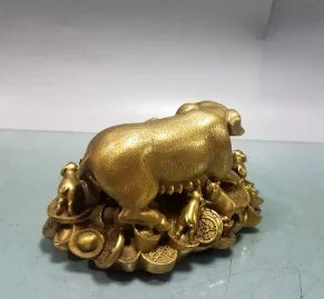 8" Folk China FengShui Brass Money Auspicious Rich Coin Bag Zodiac Dragon Statue