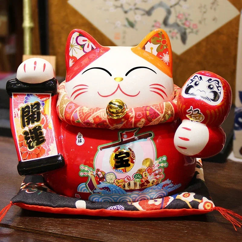 8 Inch Ceramic Maneki Neko Coin Bank Red Lucky Fortune Cat Daruma Money Box Home Decorative Ornament